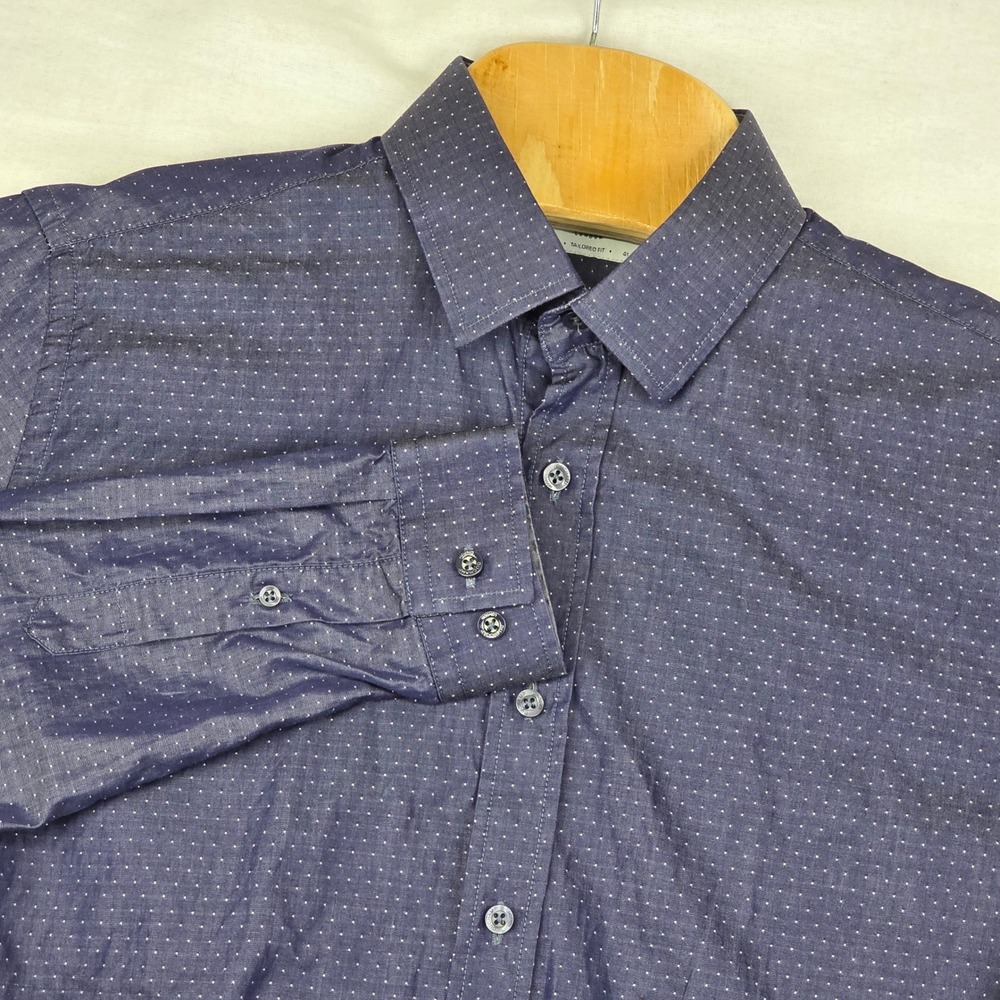Duchamp London Dress Shirt Mens 16 L‎ Navy Blue Tailored Fit Micro Diamond Print